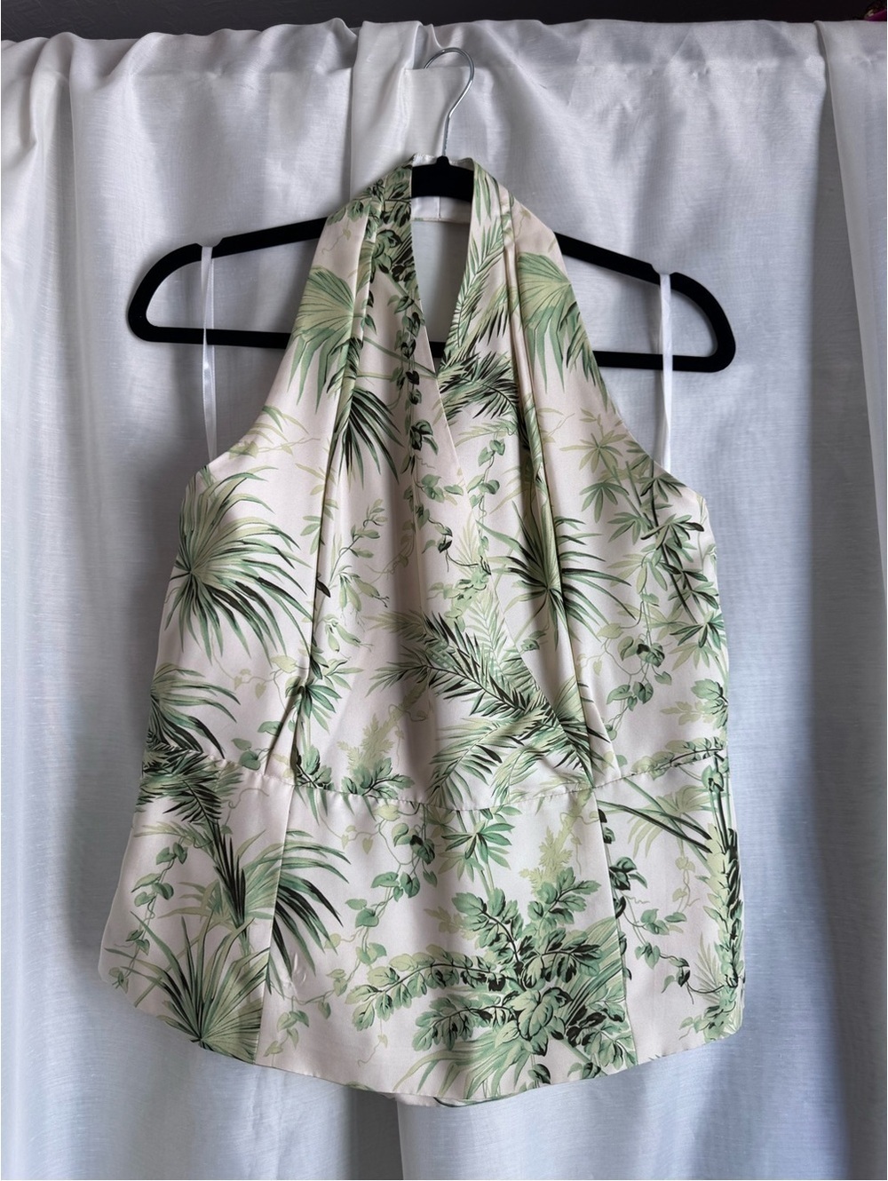 Vtg Doncaster 100% Silk Tropical Botanical Halter Top Green Cream Size 14